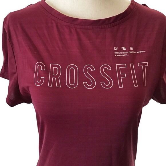 Reebok CrossFit Small Shirt ActiveChill Short Sleeve Stretch Maroon Cut Out Bac - Picture 5 of 8